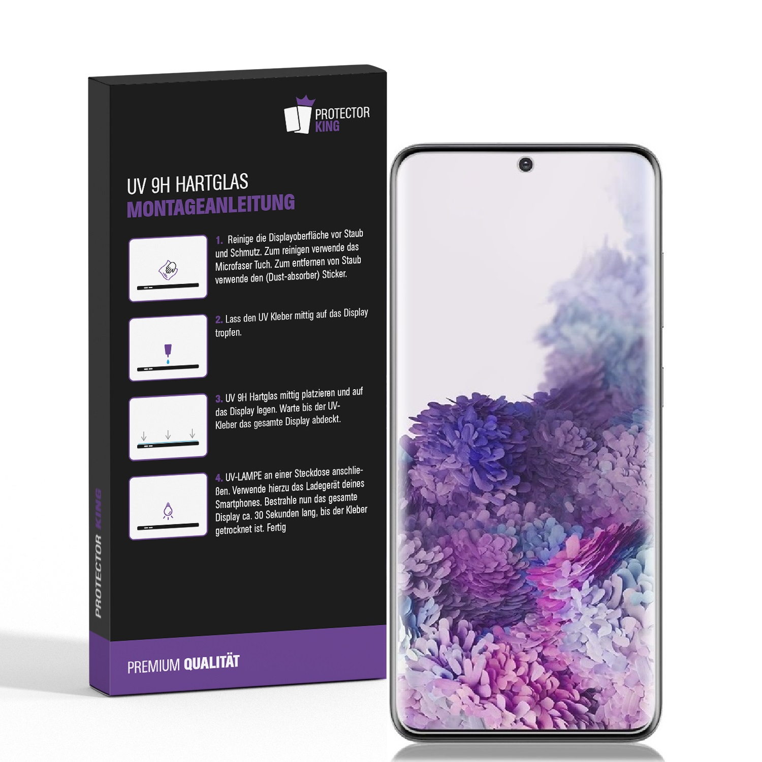 Smartphone mit Displayschutzfolie und einer Box. Anweisungen zur Anwendung werden gezeigt.