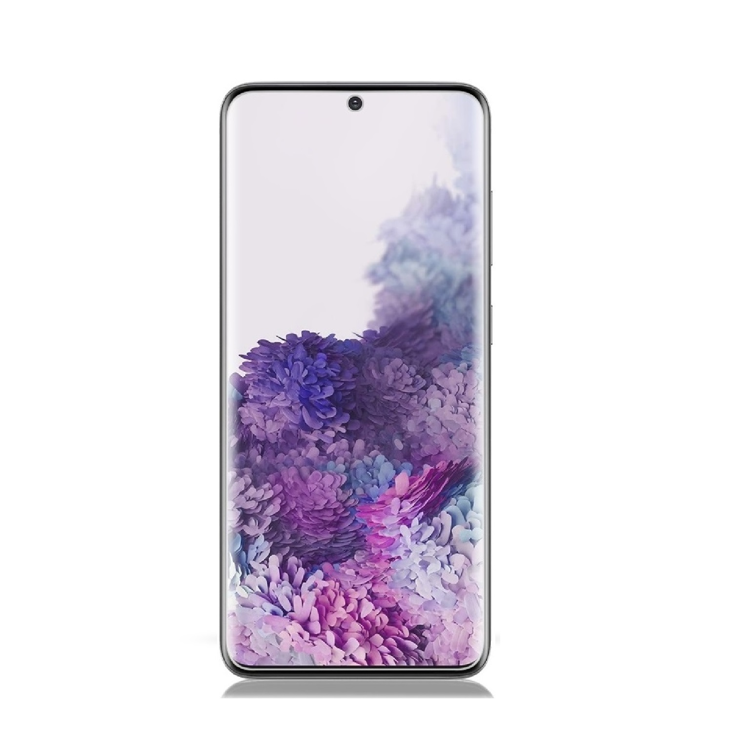 Ein Mobiltelefon mit einem bunten floralen Hintergrund auf weißem Grund.