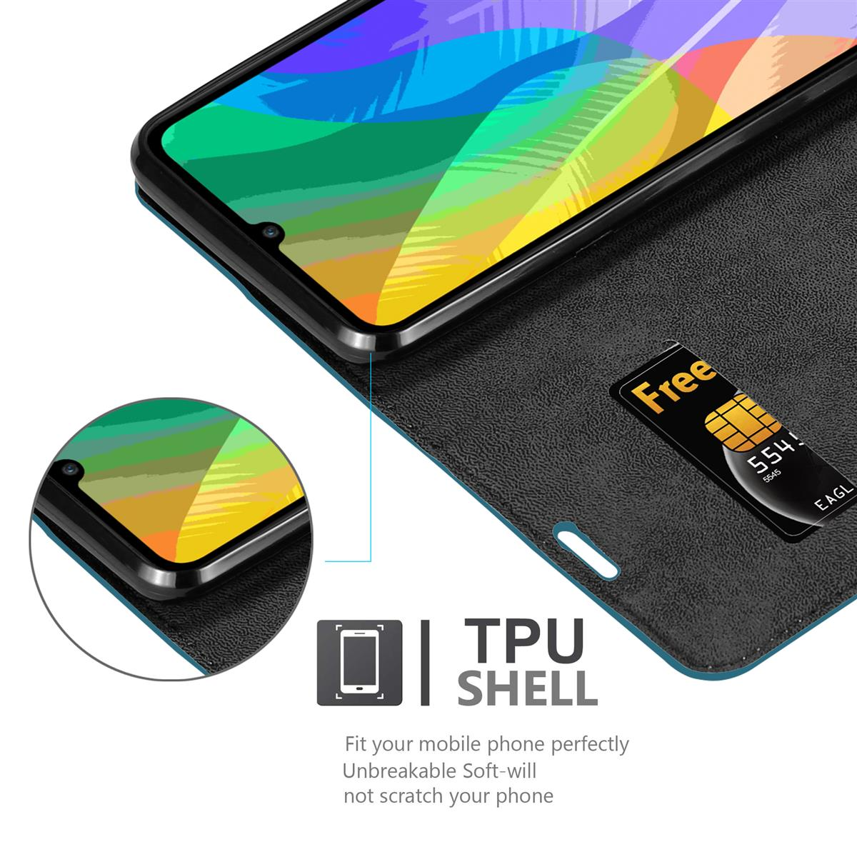 Ein Smartphone in einer Brieftasche mit sichtbarer Kreditkarte. Nahaufnahme von Details.