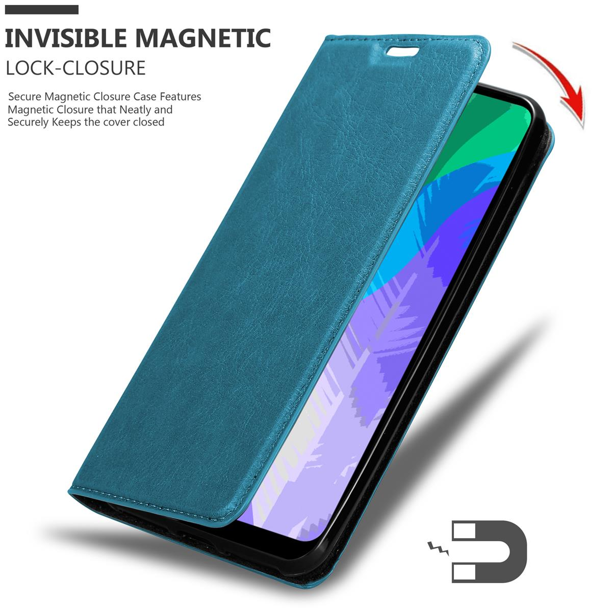 Türkisfarbene Handyhülle mit geöffneter Abdeckung, die den Telefonbildschirm zeigt. Text 'Invisible Magnetic Lock-Closure'.
