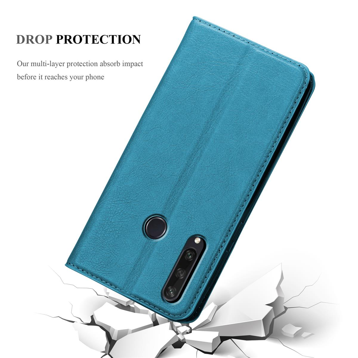 Eine blaue Handyhülle auf weißer Oberfläche mit Rissen. Text: 'Drop Protection'.