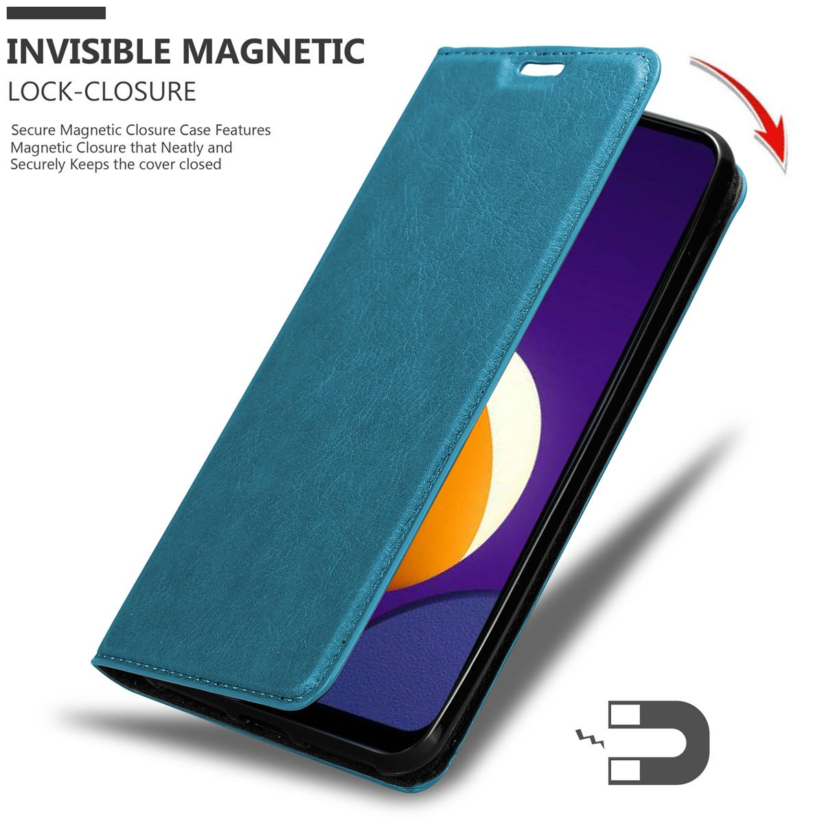 Eine türkisfarbene Handyhülle mit geöffneter Klappe, die das Telefon und einen Magneten zeigt.