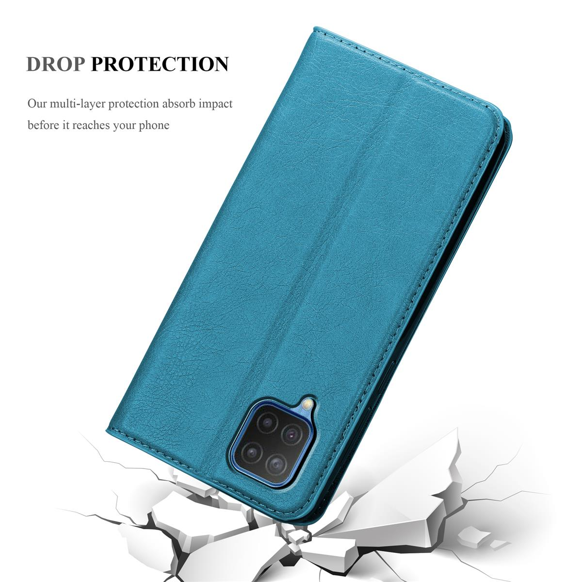 Eine blaue Handyhülle ist geöffnet und zeigt die Handykamera. Text: DROP PROTECTION.