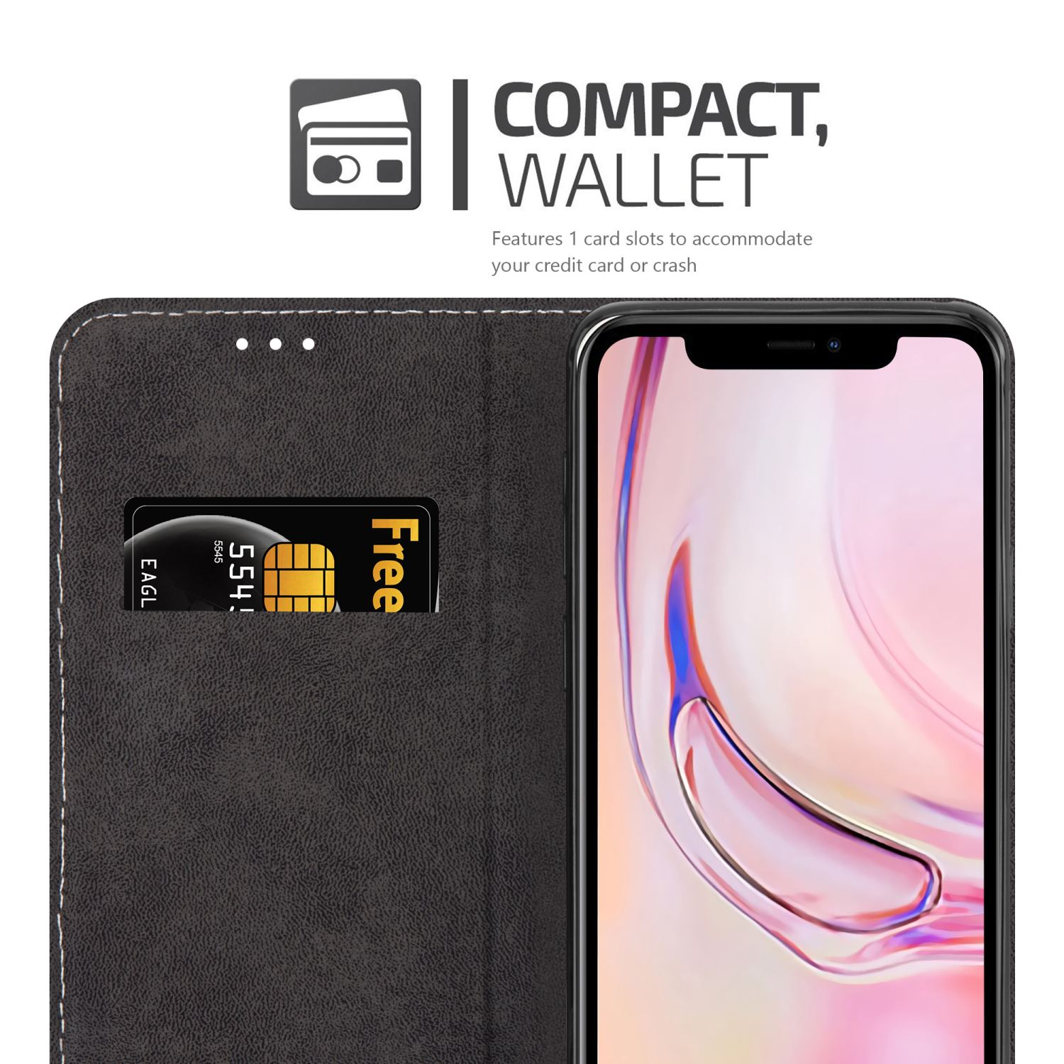 Schwarze Handyhülle mit Kartenfach, das eine Karte hält. Text: 'Compact Wallet'.