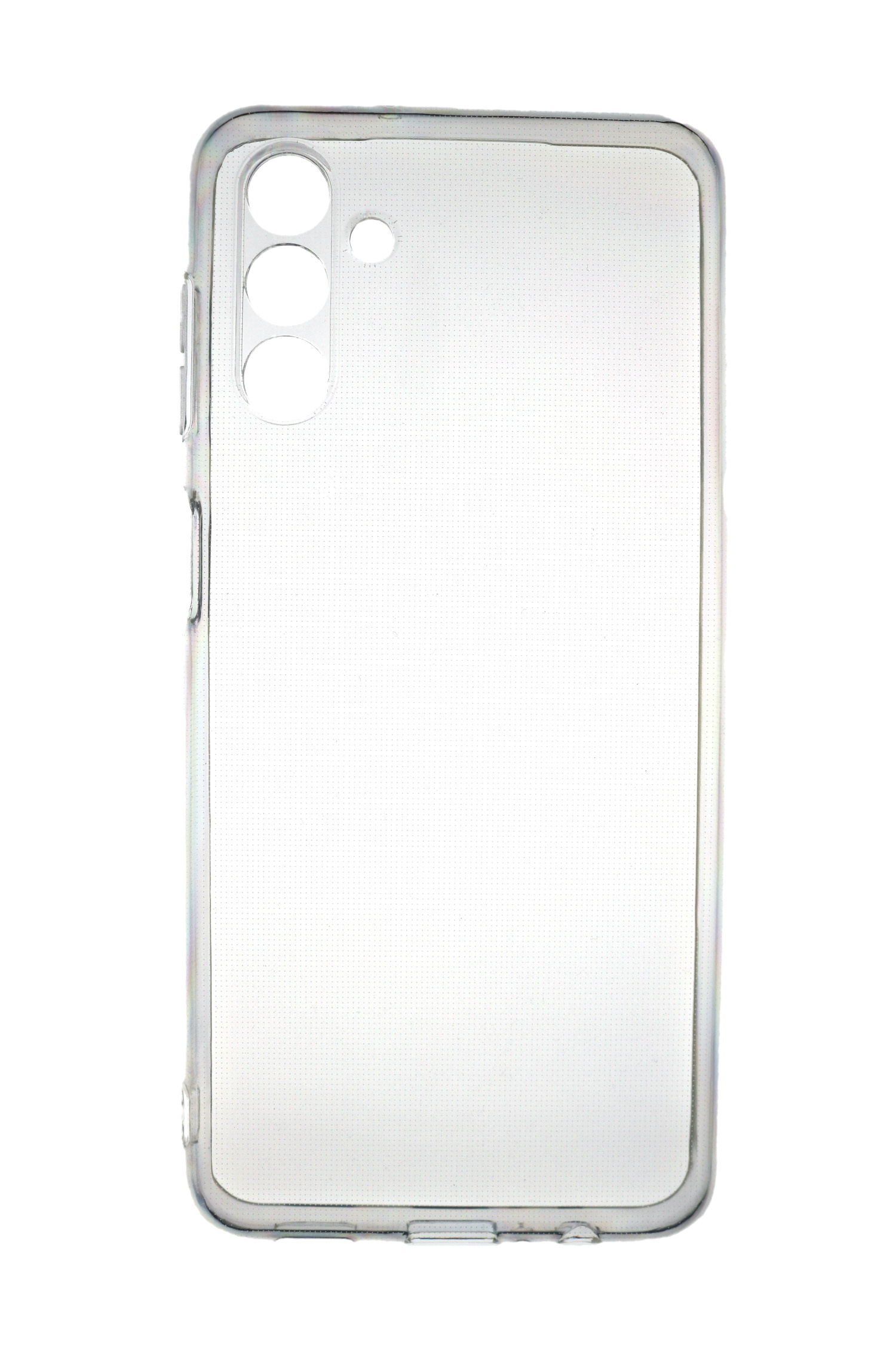 Eine transparente Handyhülle mit leicht irisierendem Finish. Sie hat einen Kameraausschnitt und Knöpfe.