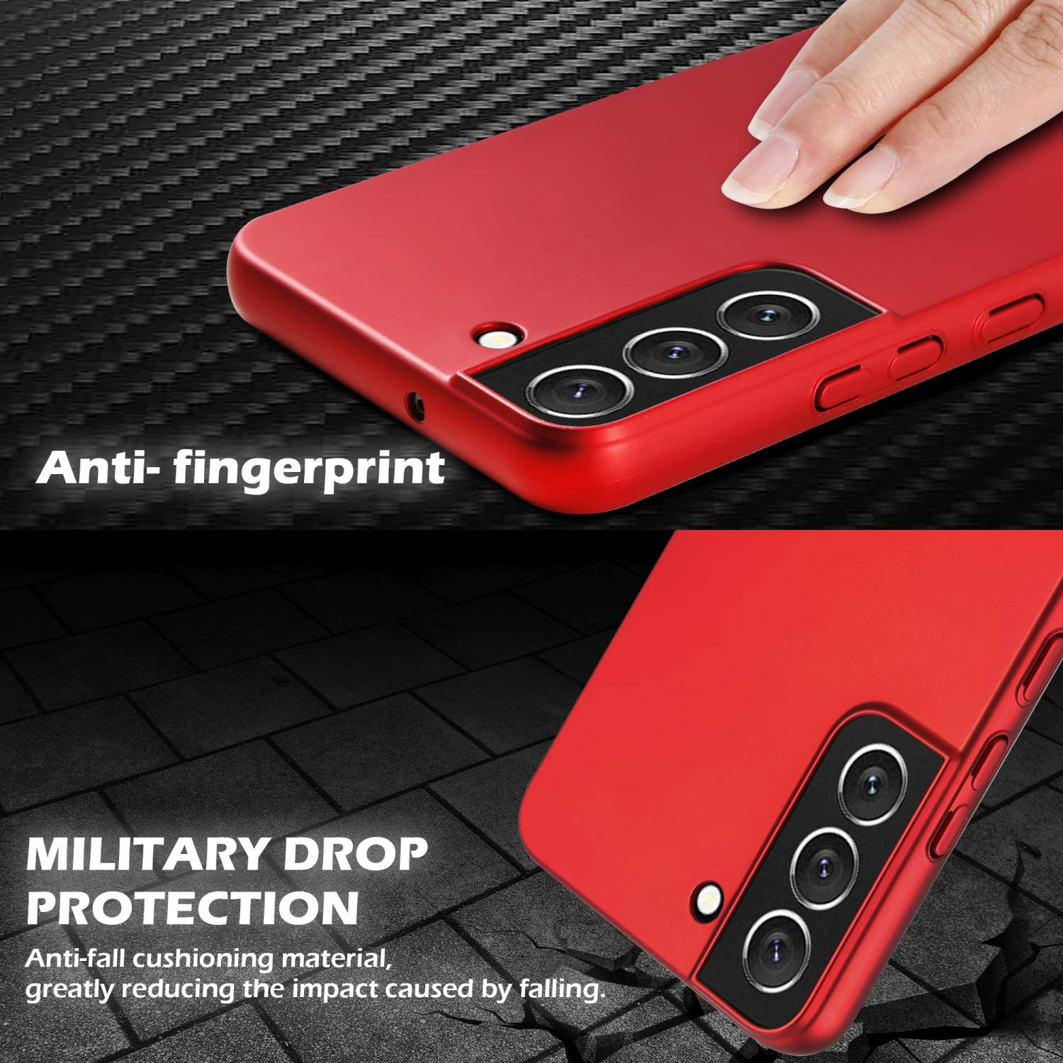 Rote Handyhülle mit Kamera, Anti-Fingerabdruck-Funktion und Hand. Der Hintergrund ist eine strukturierte Oberfläche.