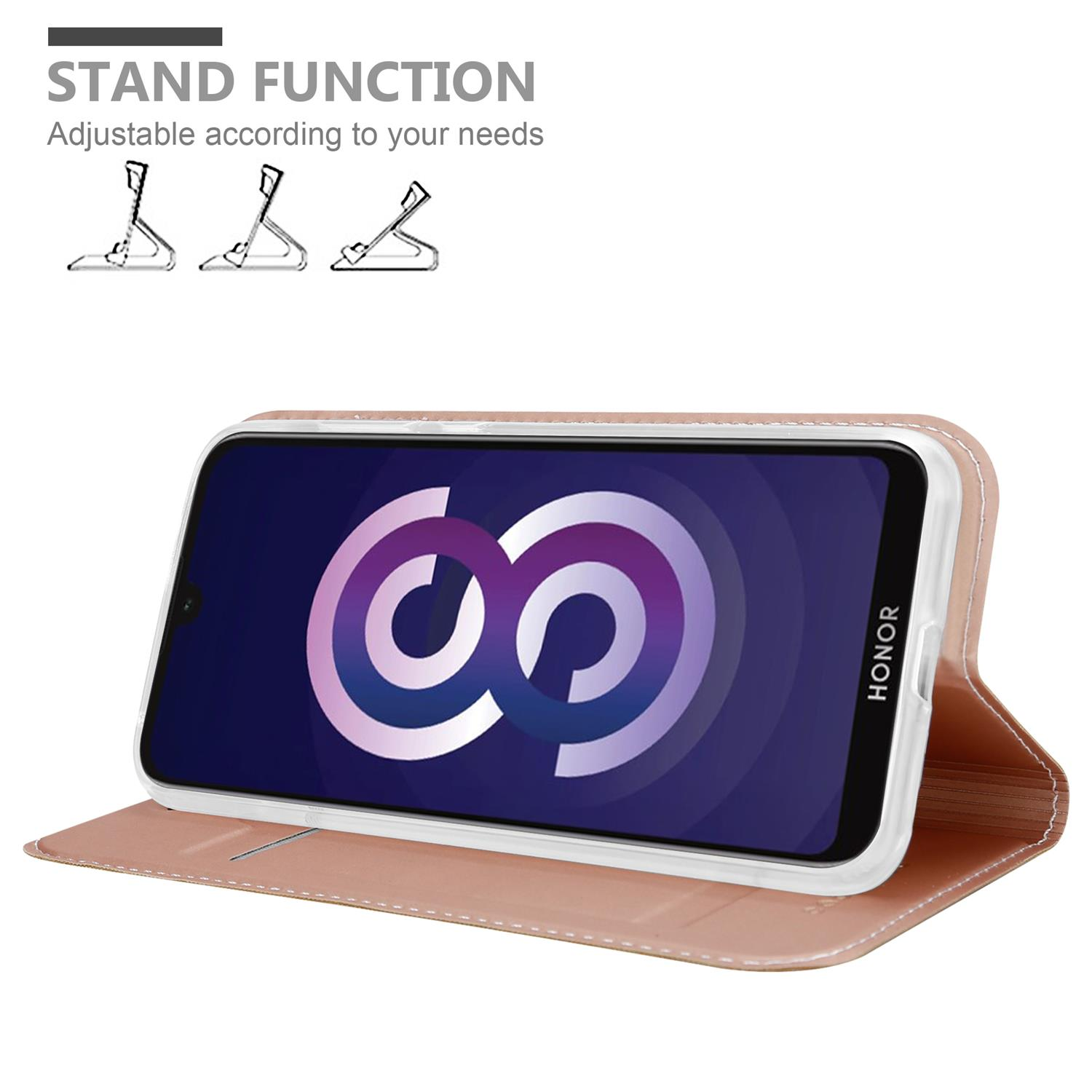 Rosa Handyhülle mit Handy, Logo. Standfunktion mit Illustrationen gezeigt.