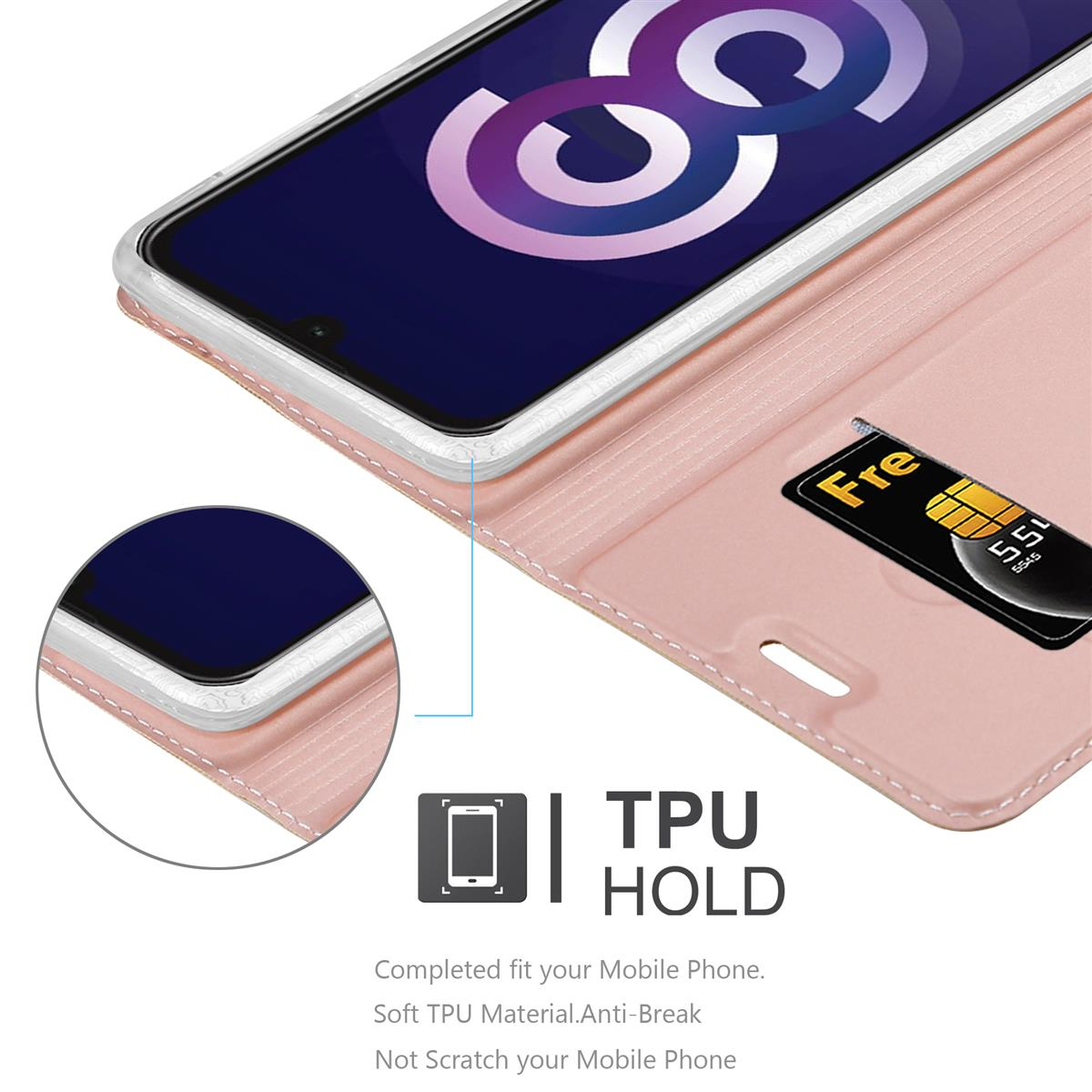 Eine rosa Handyhülle mit einem Telefon. Eine Karte befindet sich in der Hülle.
