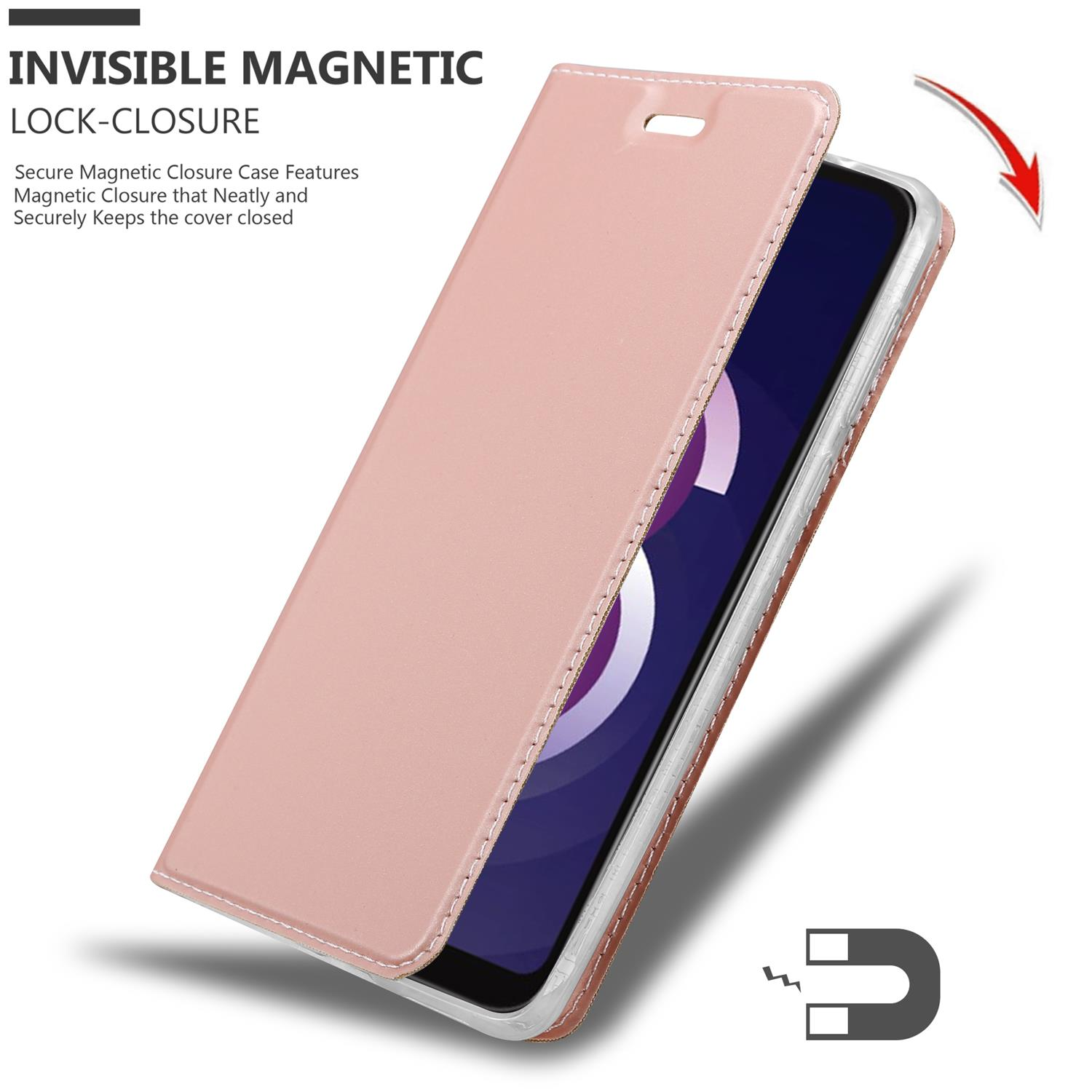 Eine pinkfarbene Handyhülle mit offenem Magnetverschluss, mit Handy und Magnetzeichen.