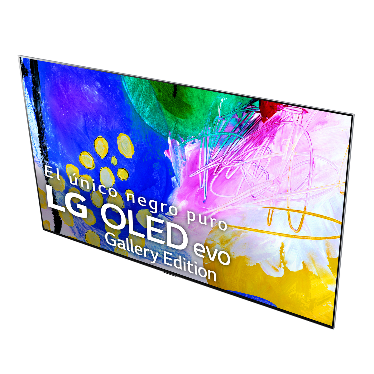 Una TV LG OLED Gallery Edition mostra arte astratta colorata. Il testo è visibile sullo schermo.