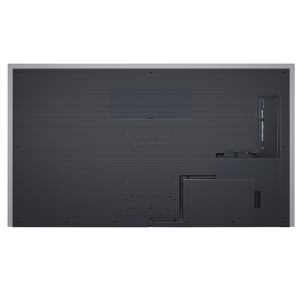 Il retro di un televisore OLED nero. Ha una superficie strutturata con varie porte di connessione.