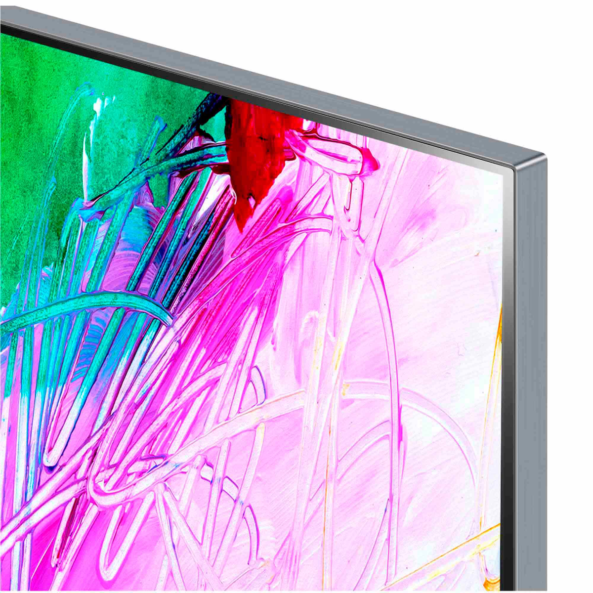 Primo piano di un angolo TV. Opera d'arte astratta con colori verde, rosa e bianco.