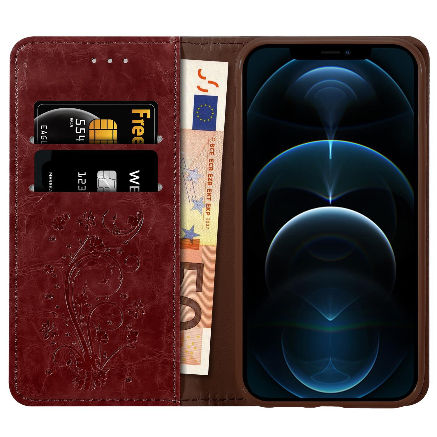 Custodia del telefono aperta, che mostra telefono, denaro e carte con finitura in pelle.