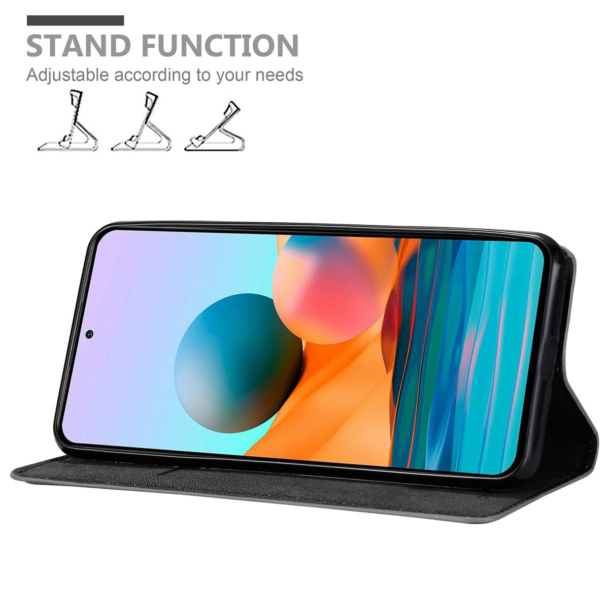 Telefono in una custodia nera, schermo che mostra colori, con icone della funzione supporto.