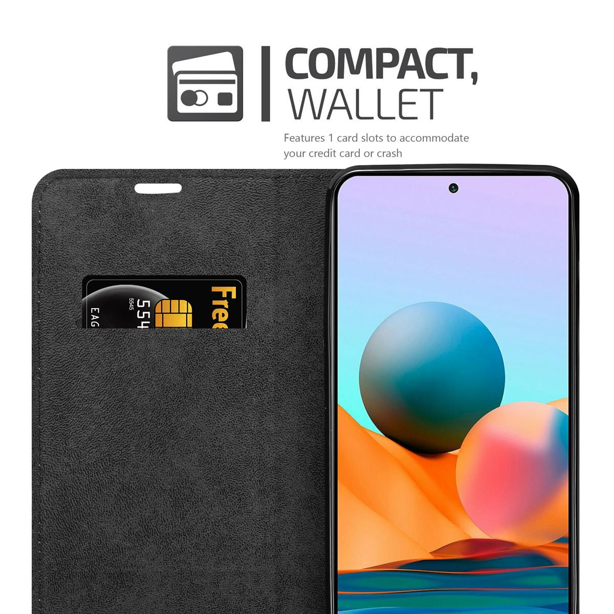 Custodia nera per telefono con fessura per carte. Carta nella fessura. Testo: Compact, Wallet.