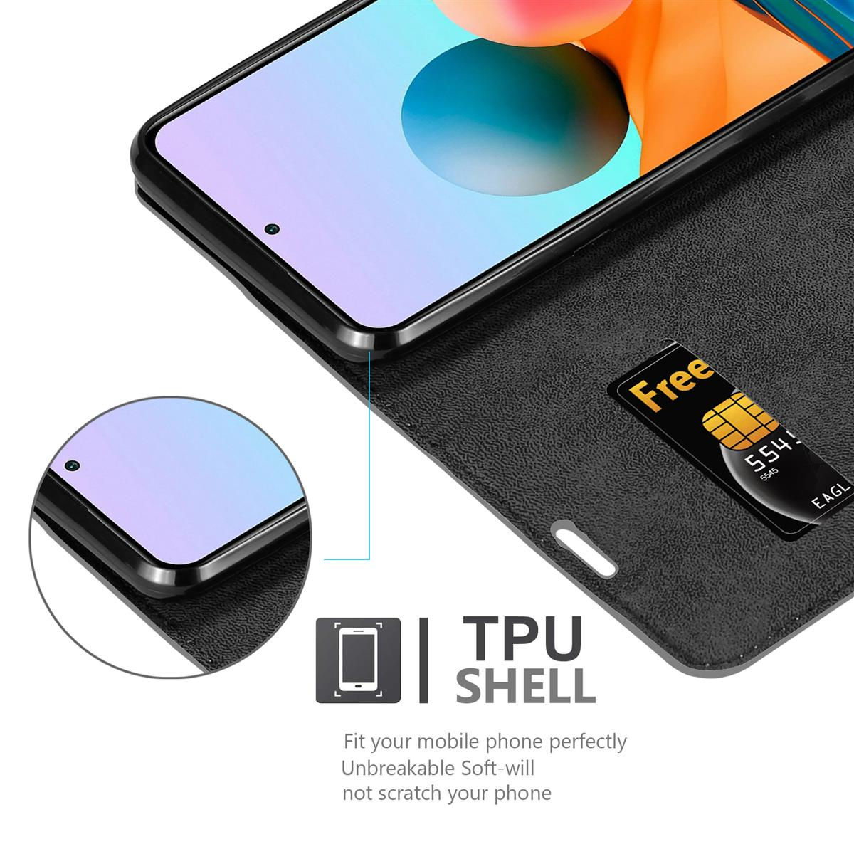 Telefono in una custodia nera con carta di credito in uno slot. Testo: TPU Shell.