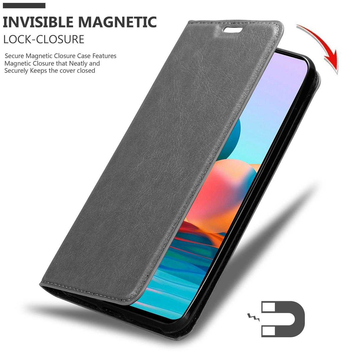 Custodia grigia aperta, rivelando un telefono. Freccia indica la chiusura magnetica. Testo: Invisible Magnetic Lock-Closure.