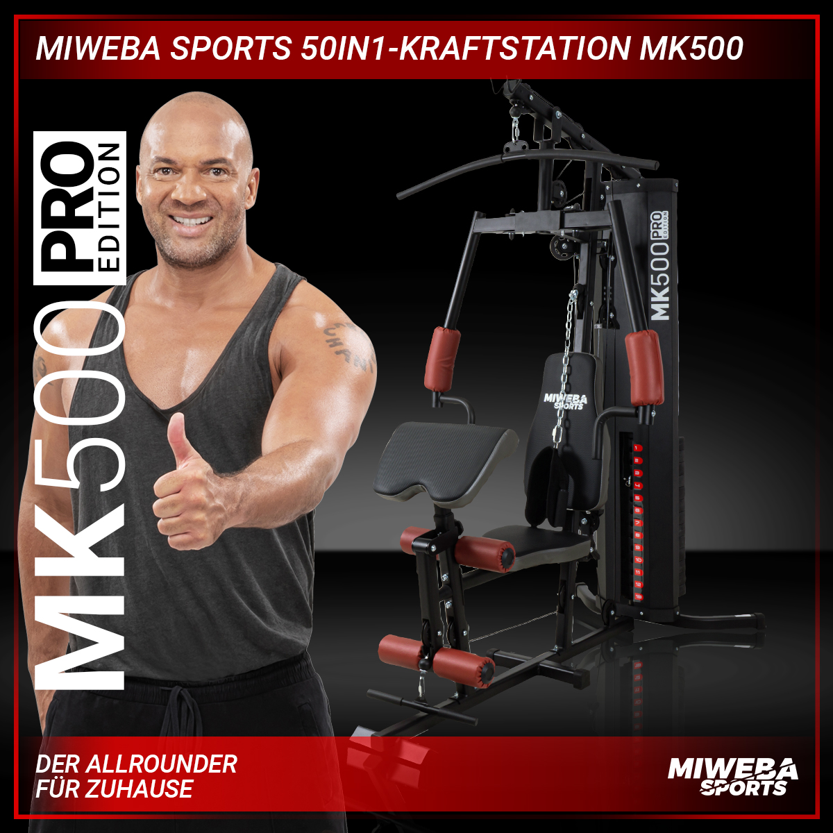 Mann mit Daumen hoch neben einer Heimtrainingsmaschine. Maschine mit rot-schwarzen Details.