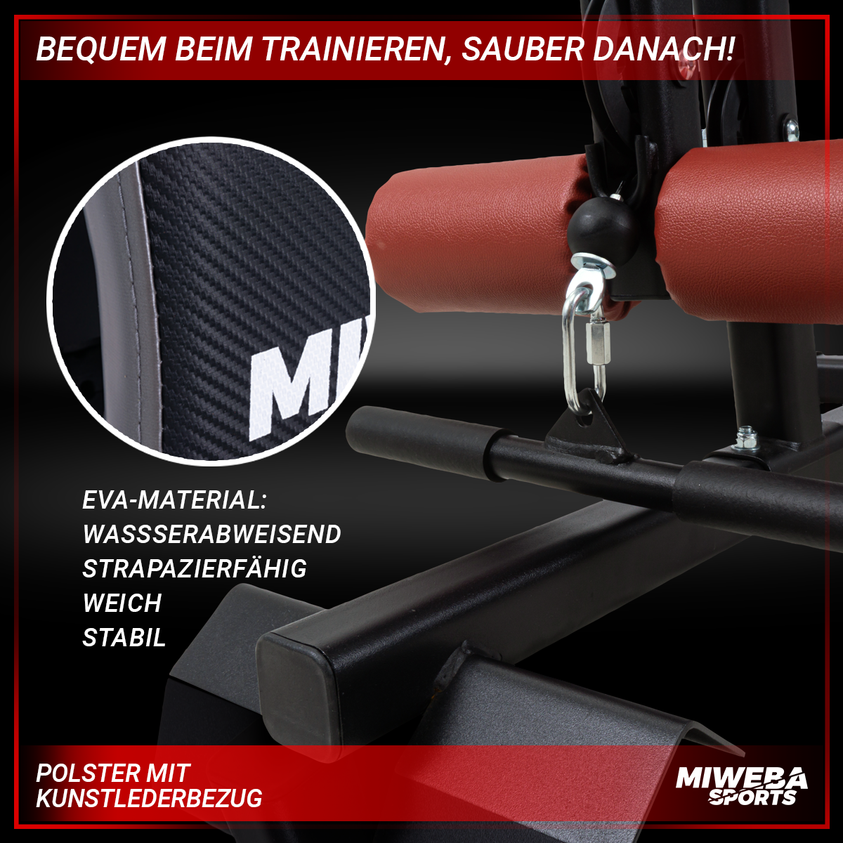 Trainingsgerät mit roter Polsterung und schwarzen Stützen. Text auf dem Bild.