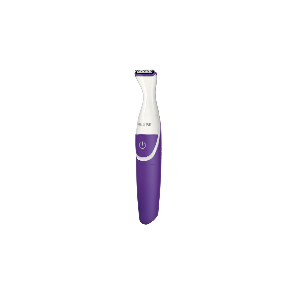 Un piccolo rasoio elettrico Philips viola e bianco. Il pulsante di accensione è visibile.