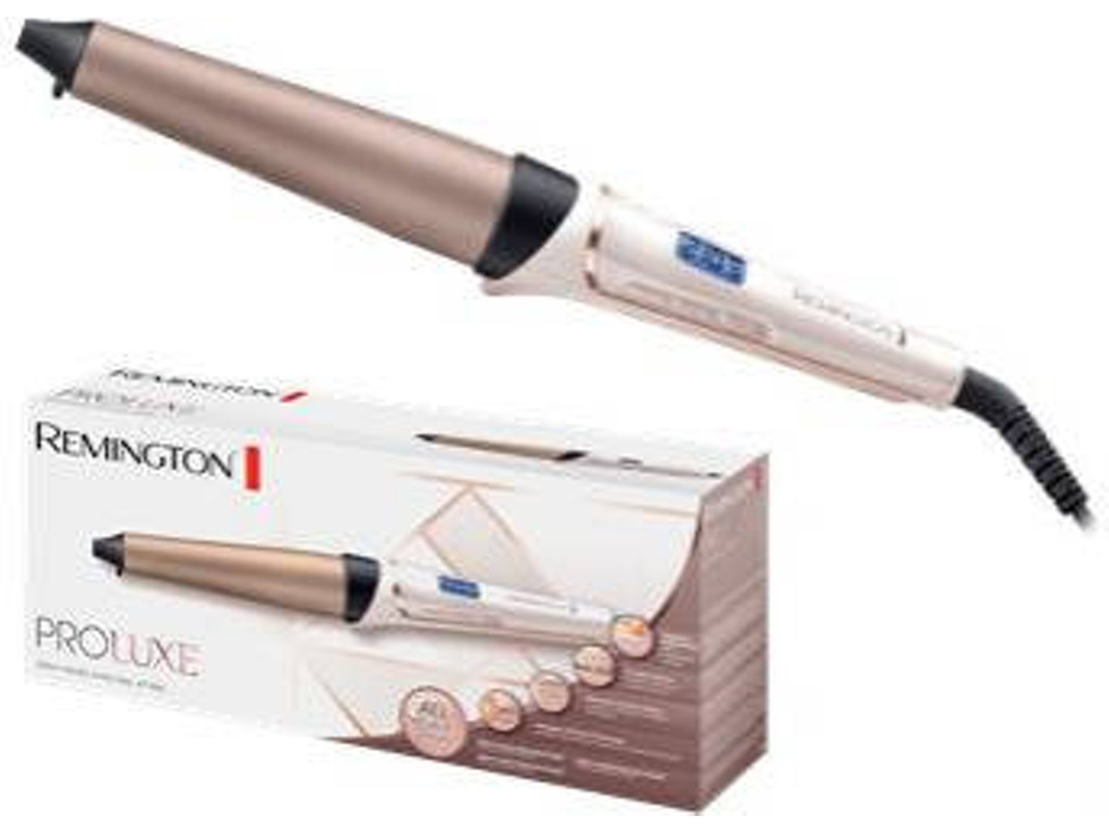 Lokówka do włosów i jej pudełko na białej powierzchni. Lokówka jest złota i czarna.