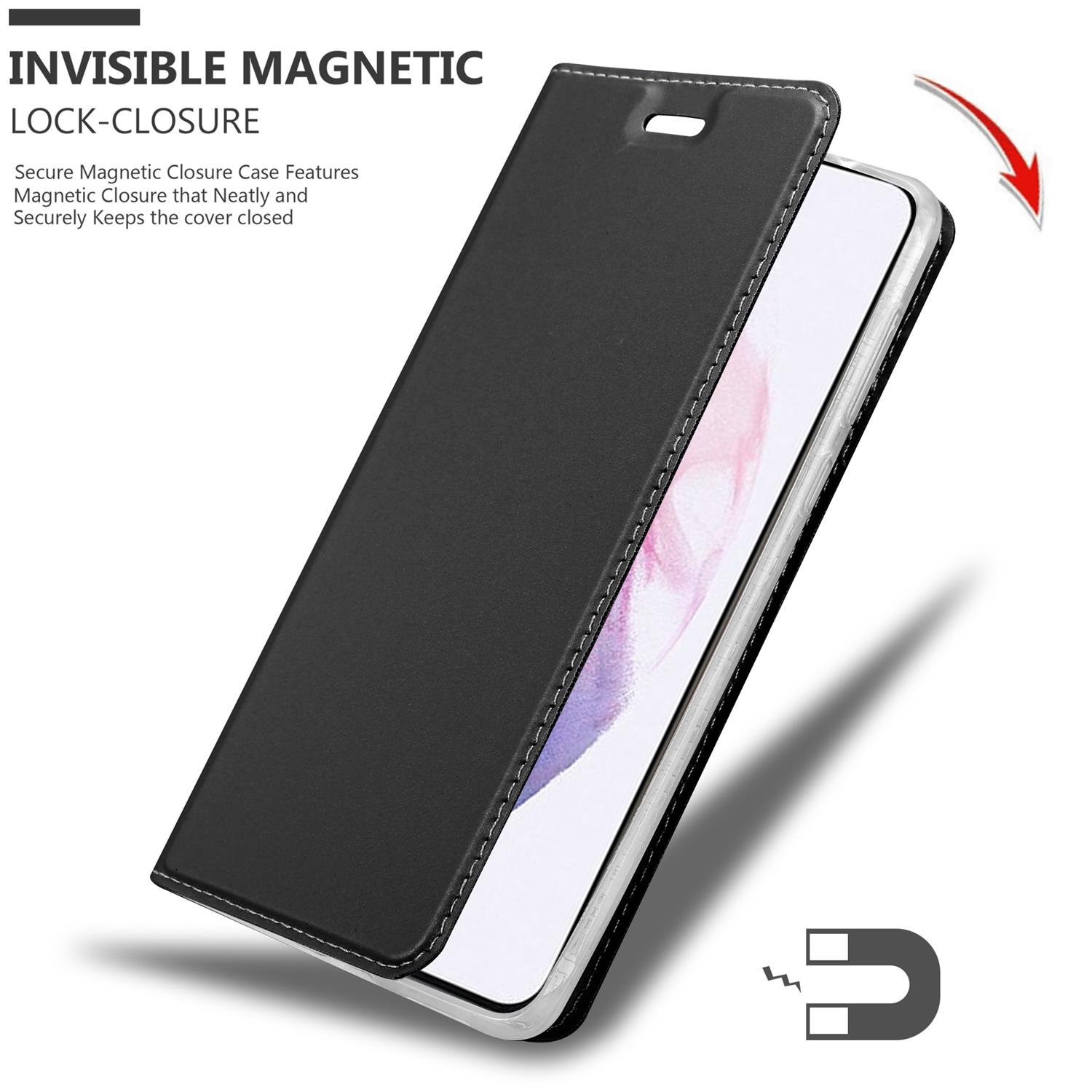 Custodia per telefono nera con interno bianco e chiusura magnetica. Telefono parzialmente visibile.