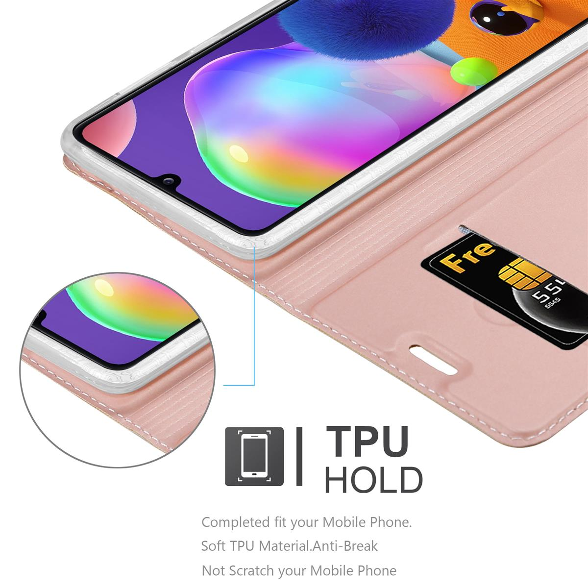 Nahaufnahme einer Handyhülle mit SIM-Karten-Slot und teilweise eingelegtem Telefon.