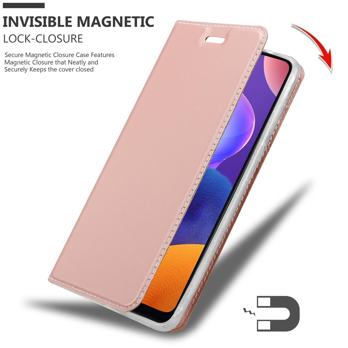 Rosa Handyhülle geöffnet, Telefon sichtbar. Text: Unsichtbarer Magnetverschluss.