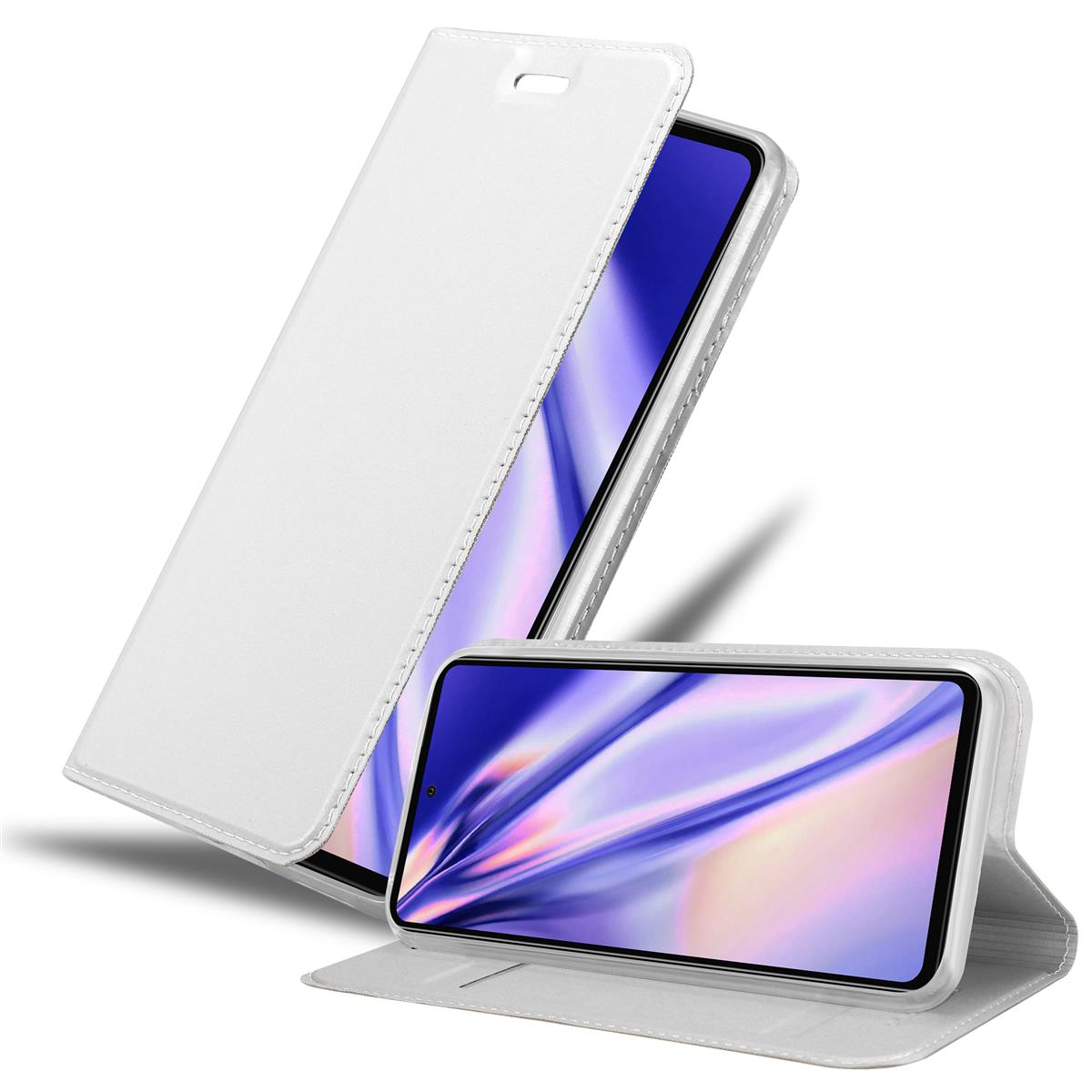 Eine weiße Handyhülle mit offenem Deckel, auf dem ein Handybildschirm angezeigt wird. Das Handy ist weiß, mit blauem und lila Bildschirm.