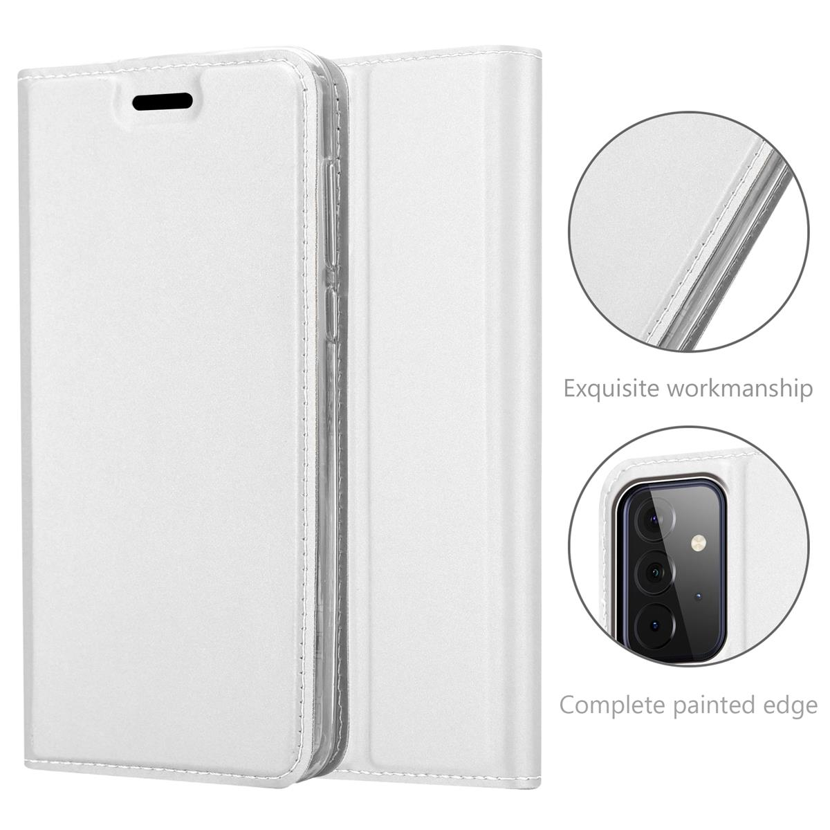 Eine weiße Handyhülle mit einem Telefon darin, die Nahaufnahmen des Materials und Designs zeigt.