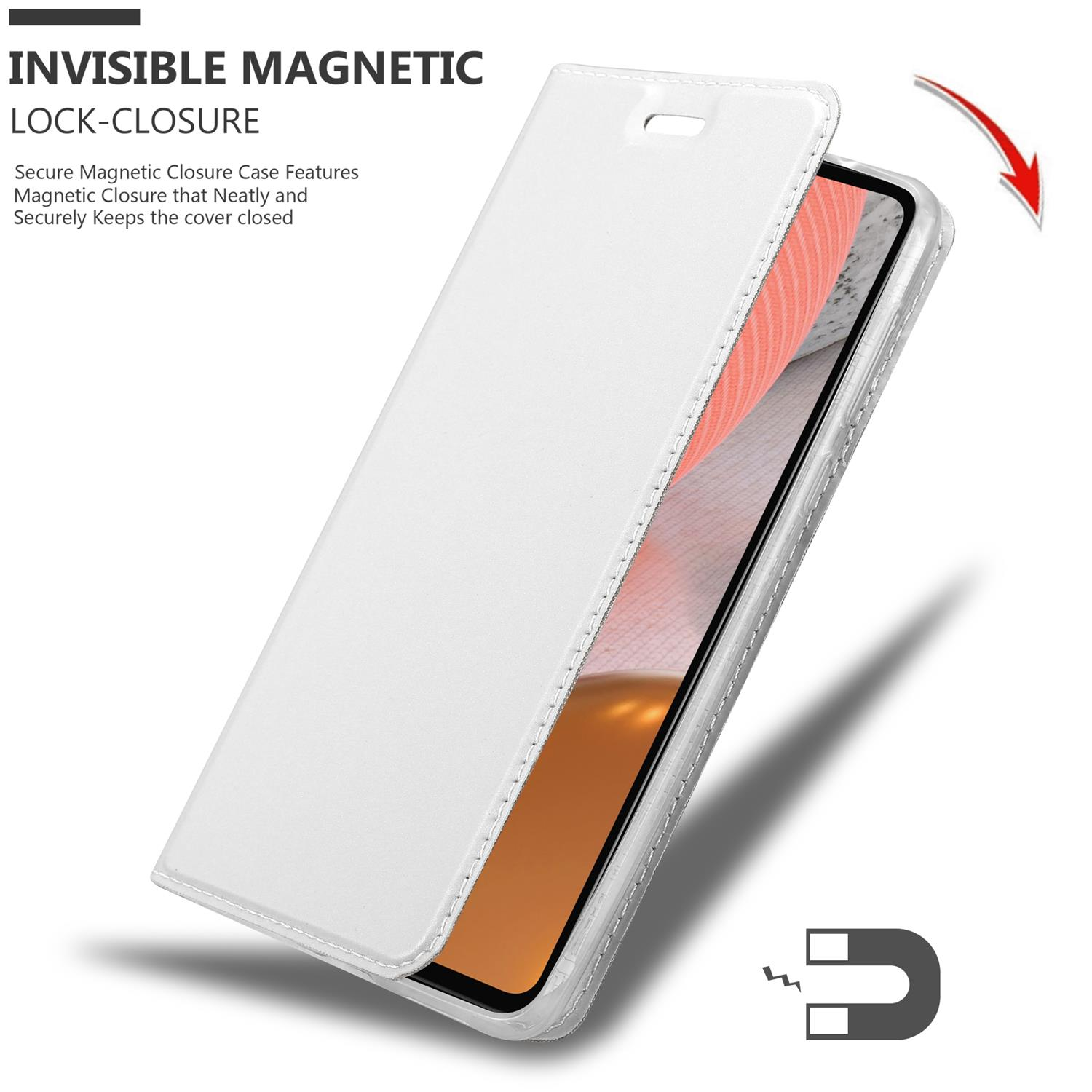 Eine weiße Handyhülle mit Magnetverschluss, geöffnet, um das Innere zu zeigen.