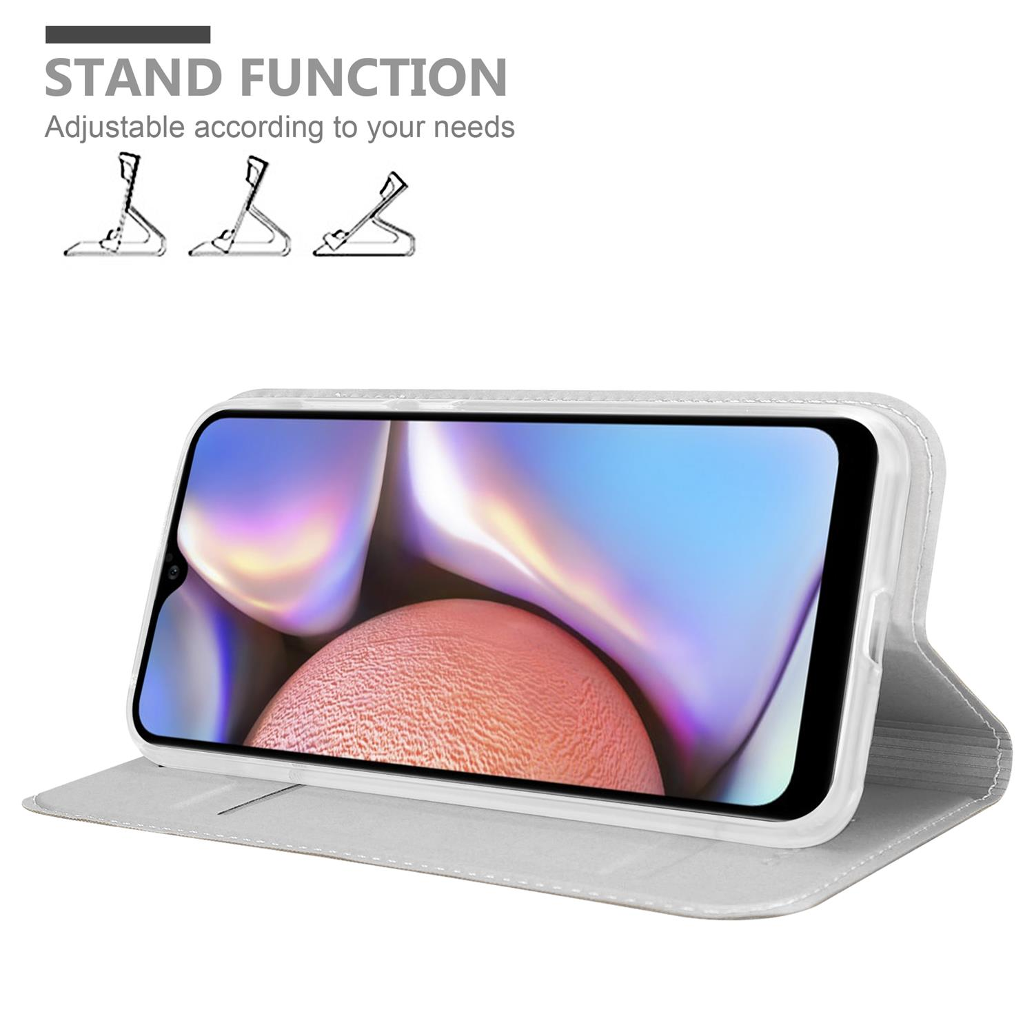 Ein Telefon in einer Hülle ist geöffnet, darüber Abbildungen der Ständerfunktion. Ständer zeigen verschiedene Winkel.