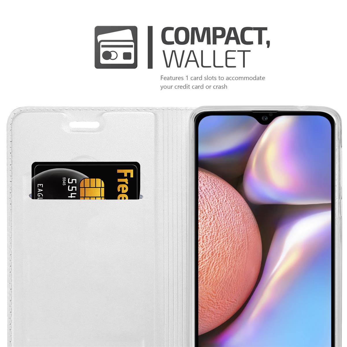 Eine weiße Brieftasche mit Kreditkartenfach und ein teilweise sichtbares Telefon.