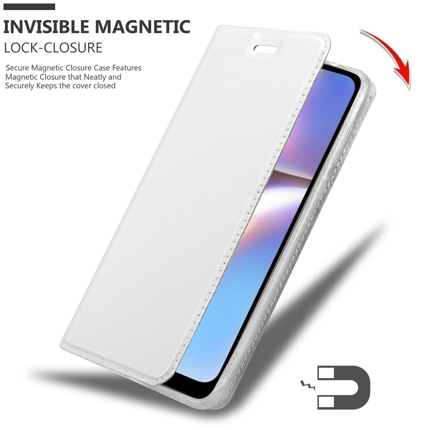 Weißes Handy-Case mit Magnetverschluss, geöffnet mit Telefon.