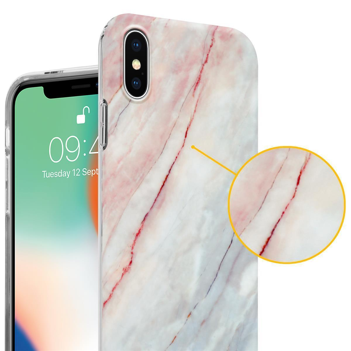 Custodia per iPhone X con design marmoreo, colori rosa e bianco, dettaglio del motivo.