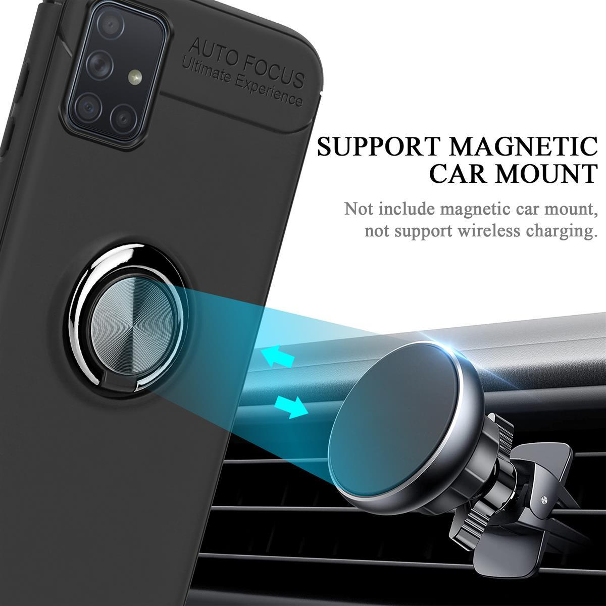 Telefono nero con un supporto ad anello accanto a un supporto per auto.