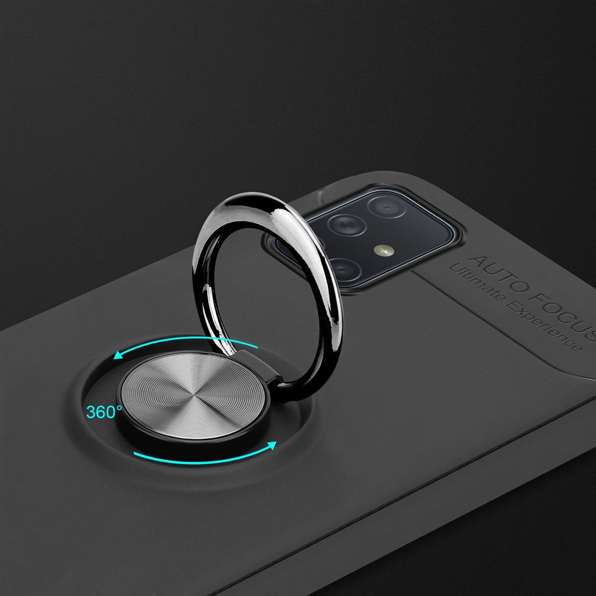 Un telefono nero con un supporto ad anello argentato, con frecce che indicano la rotazione a 360 gradi.