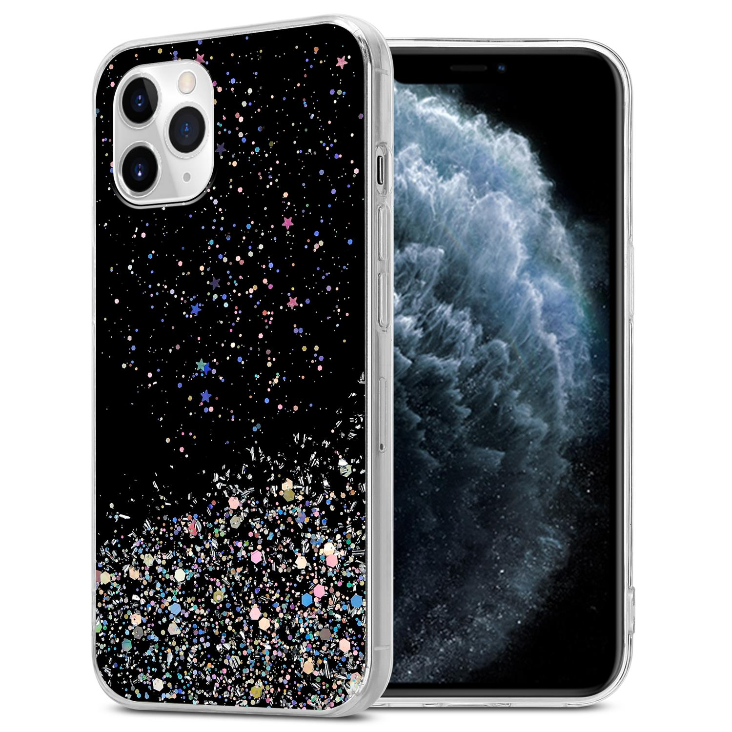Schwarze Handyhülle mit Glitzereffekt auf einem Telefon. Der Bildschirm zeigt verschwommenen Hintergrund.