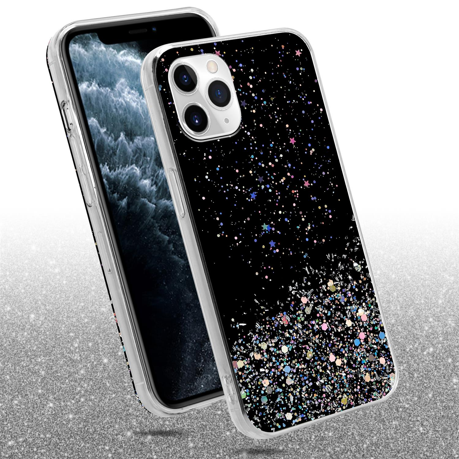 Telefon in einer Hülle mit Glitzer, zeigt eine reflektierende Oberfläche.