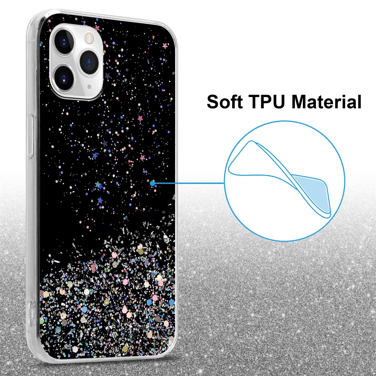 Eine transparente Handyhülle mit schwarzem und glitzerndem Design. Die Hülle ist um ein Handy.