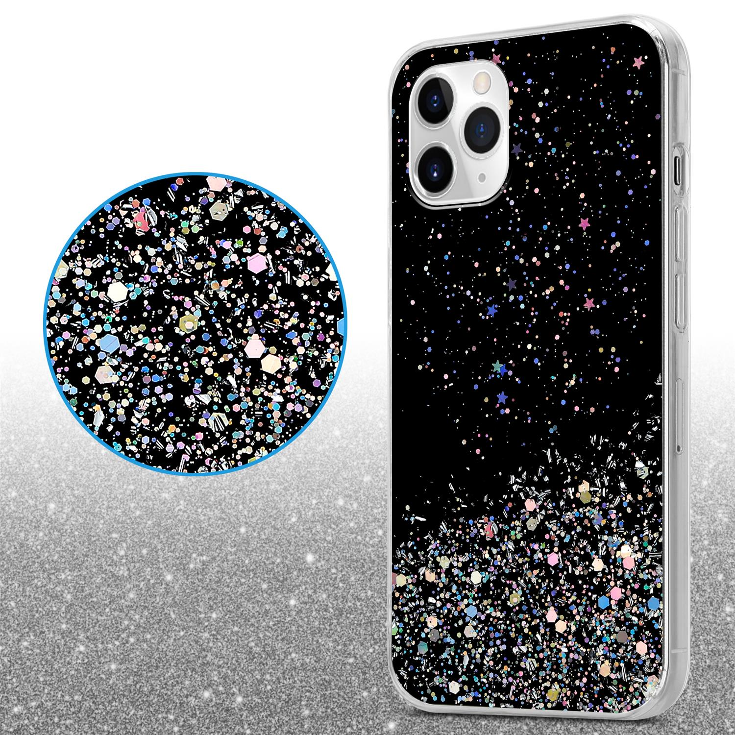 Eine Handyhülle mit funkelndem, schwarzem Hintergrund. Nahaufnahme zeigt Glitzerdetail um die Kamera.