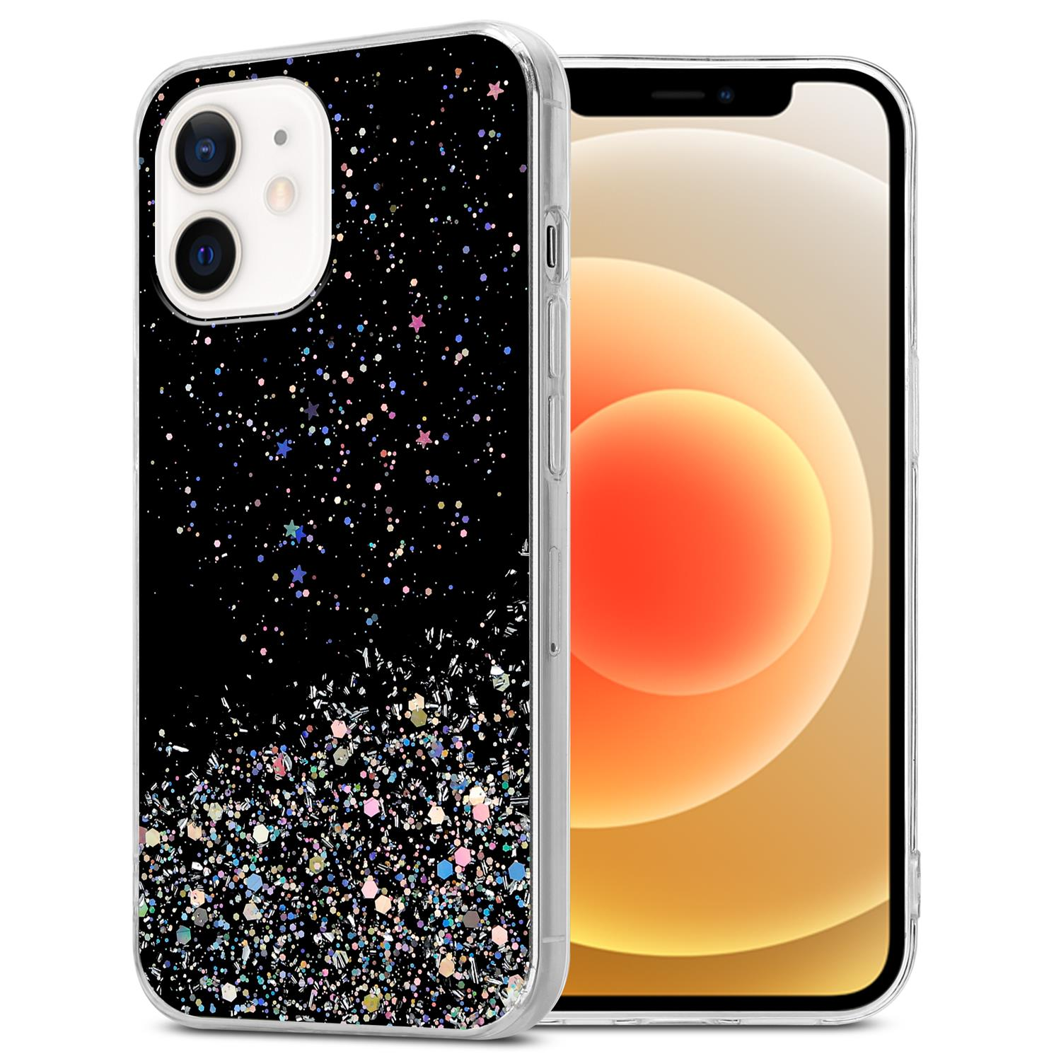 Schwarze Handyhülle mit bunten Glitzer, über einem iPhone.