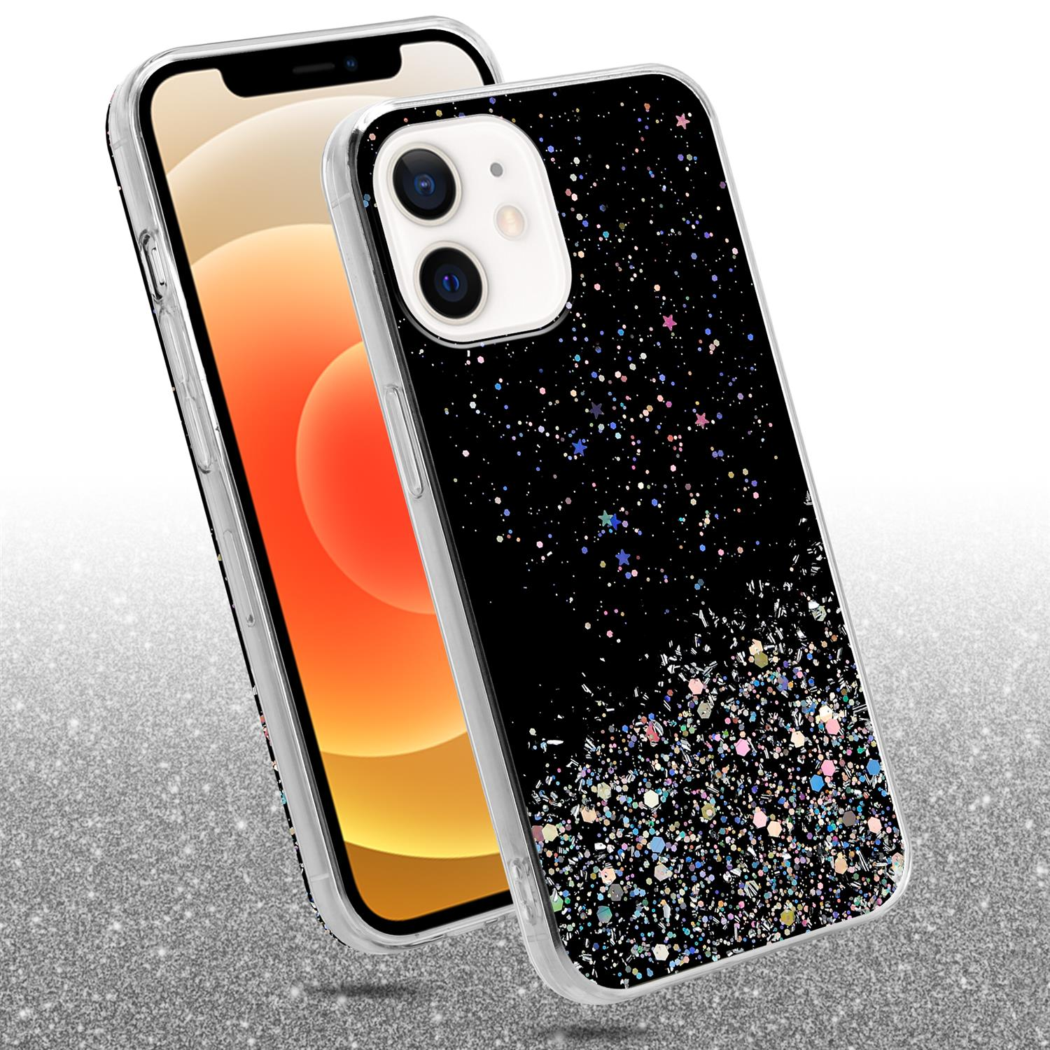 Handyhülle mit schwarzem Glitzerdesign, mit Telefon, auf glitzernder Oberfläche.