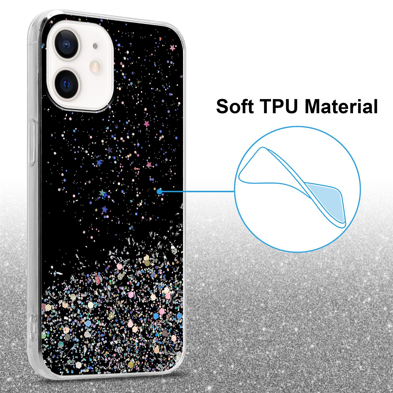 Schwarze Handyhülle mit Glitzerdesign, Nahaufnahme mit Details.