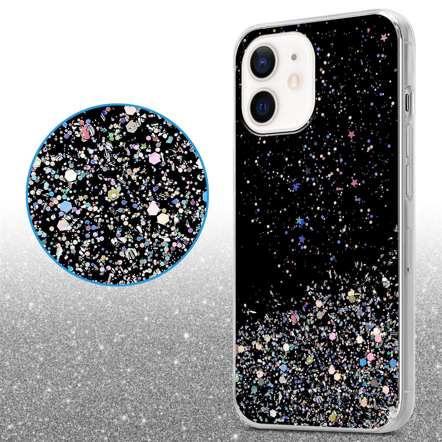 CADORABO Schutzhülle mit funkelnden Apple, Schwarz MINI, Glitter mit iPhone Backcover, 12 Glitter