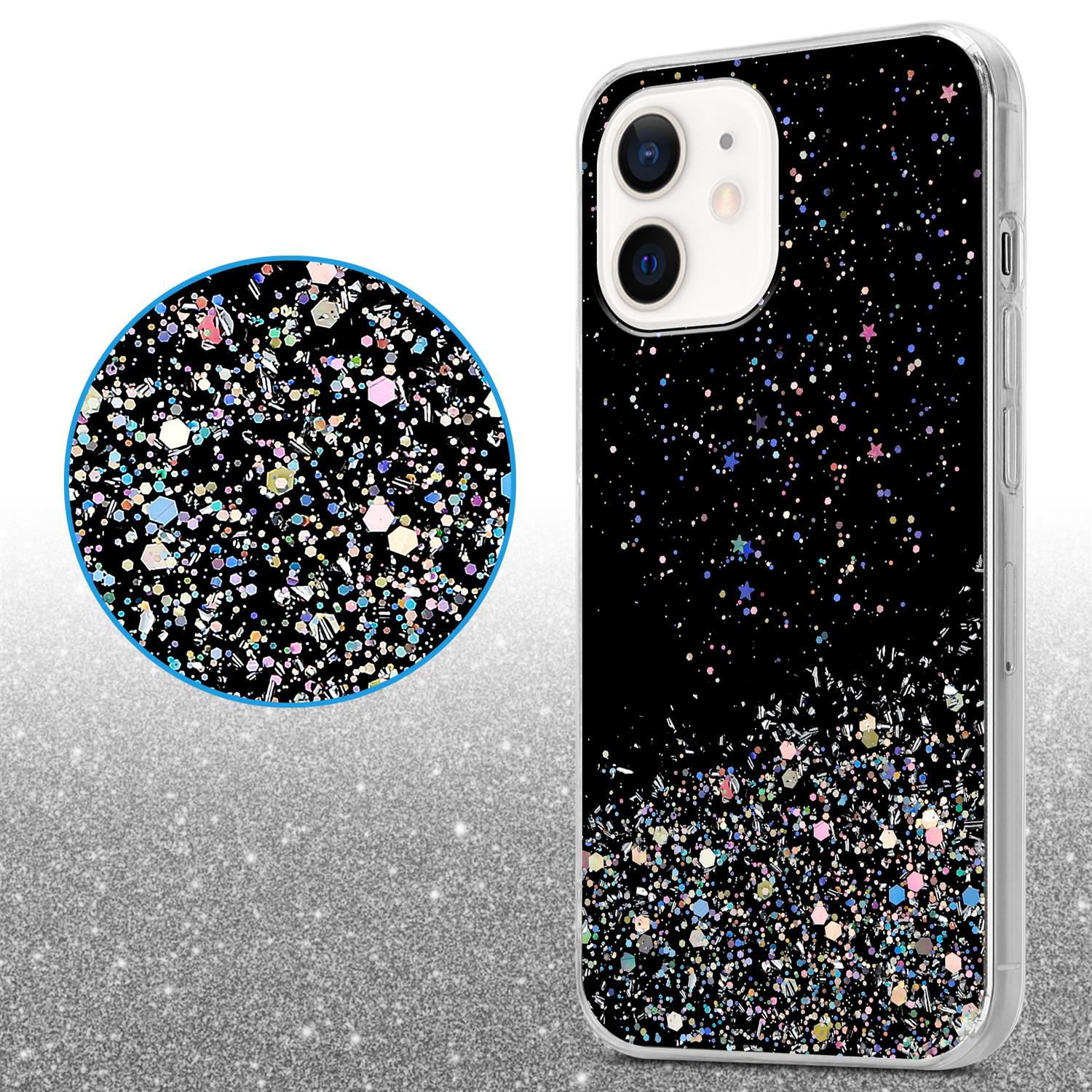 Schwarze Handyhülle mit Glitzer. Ein kreisförmiger Ausschnitt zeigt das Glitzermuster.