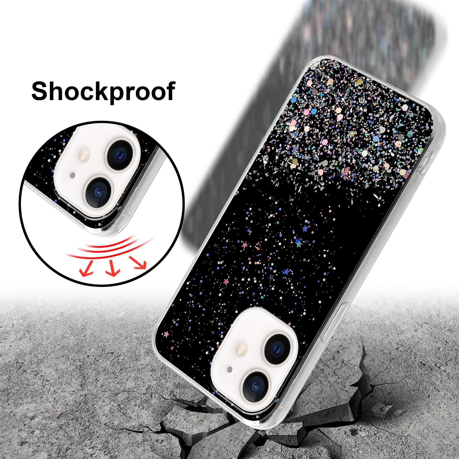 Schwarze Handyhülle mit Glitzerdesign und stoßfestem Etikett. Das Telefon scheint zu fallen und den Boden zu sprengen.