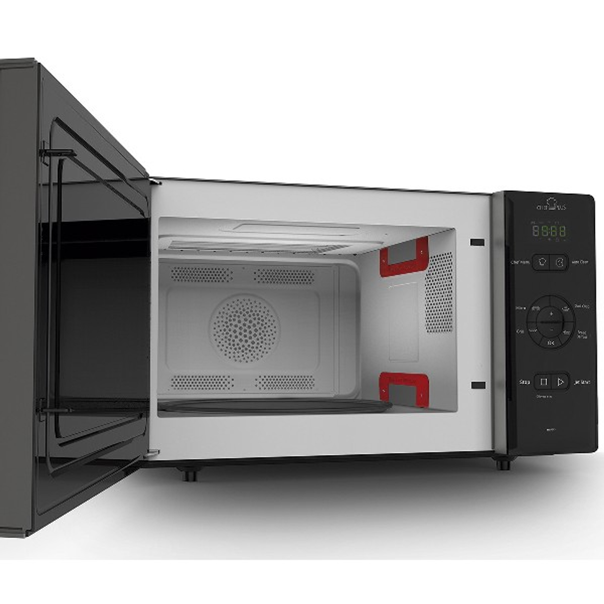 Horno microondas con la puerta abierta. El interior es blanco con plato giratorio y elementos rojos.