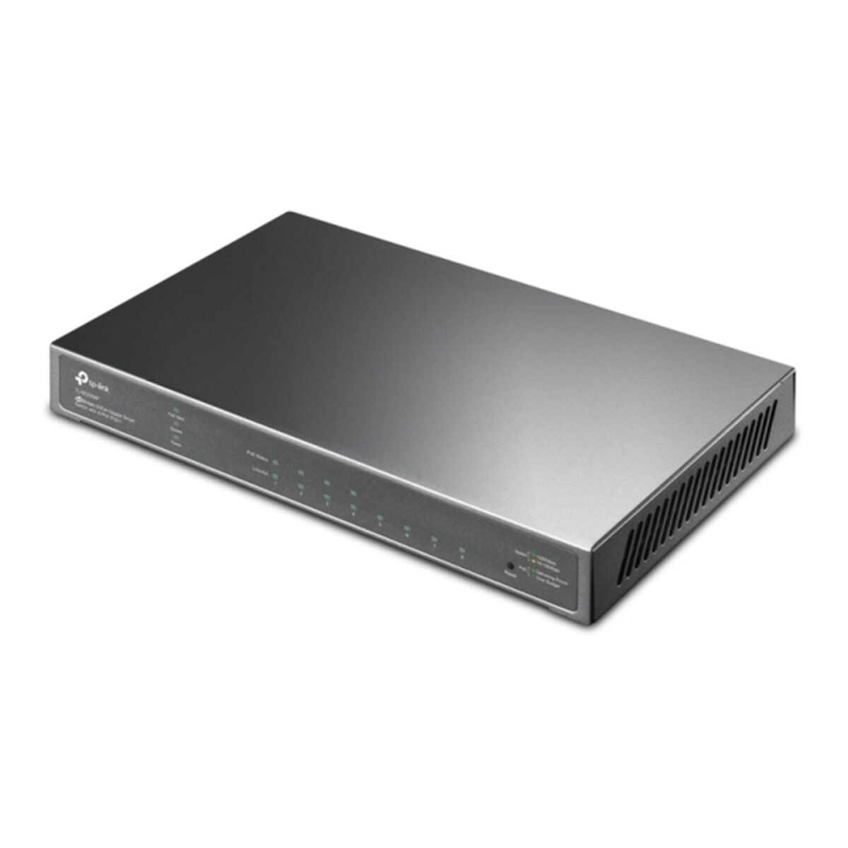 A silver and gray network switch, with multiple ports and indicator lights.