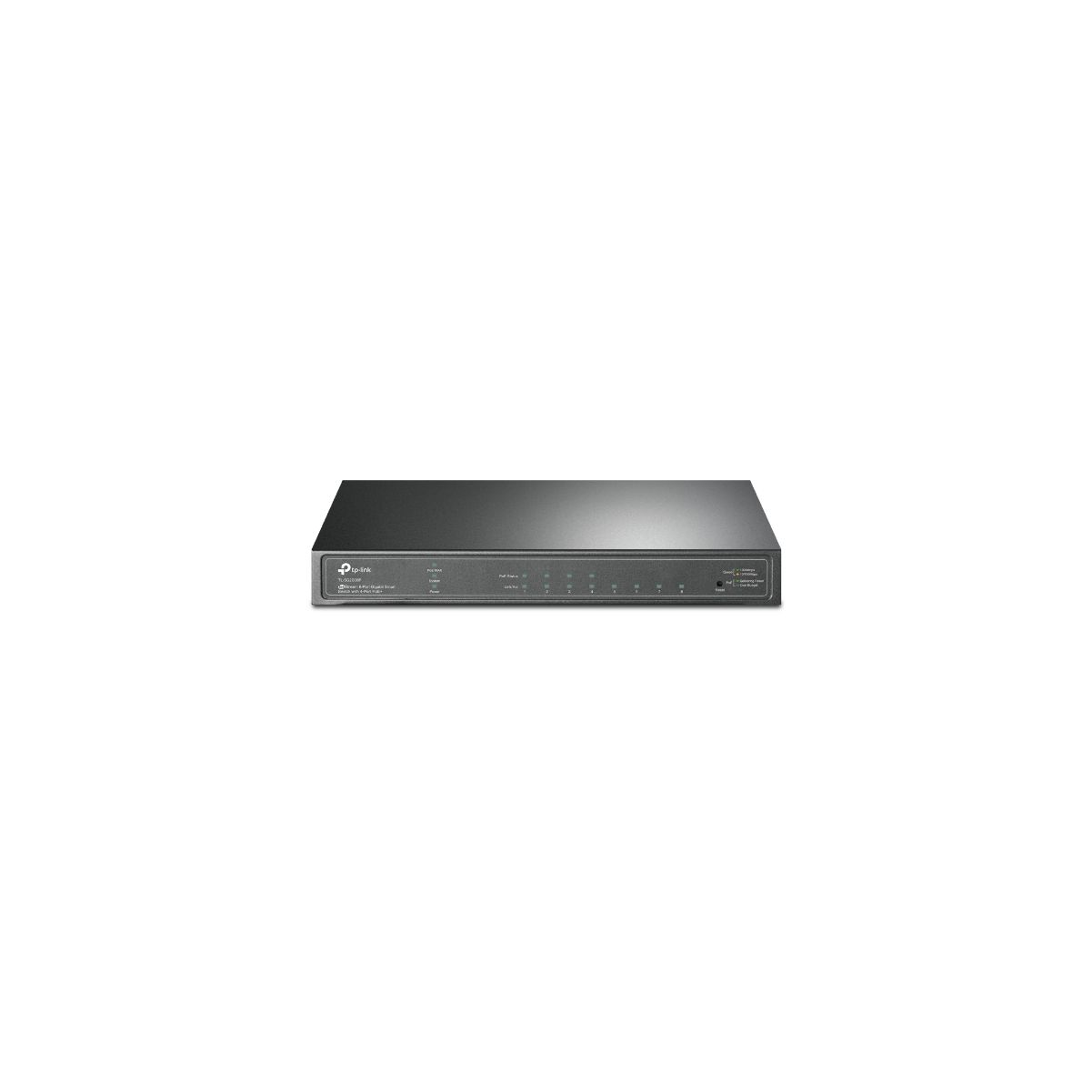 A black TP-Link network switch. It is on a white background, with no other objects.